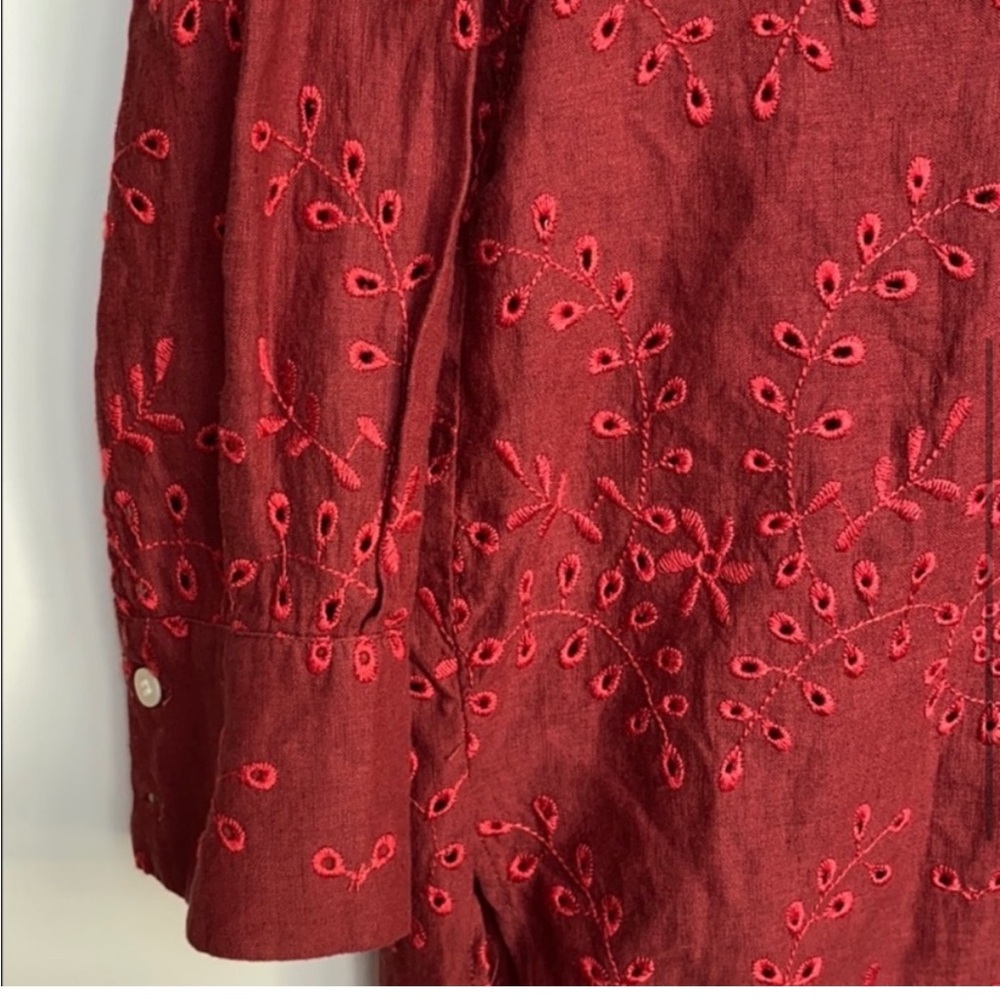 Zara Linen Blouse Women's X-Small Red Eyelet Button Up Shirt 3/4 Sleeve Cotton - Picture 6 of 7